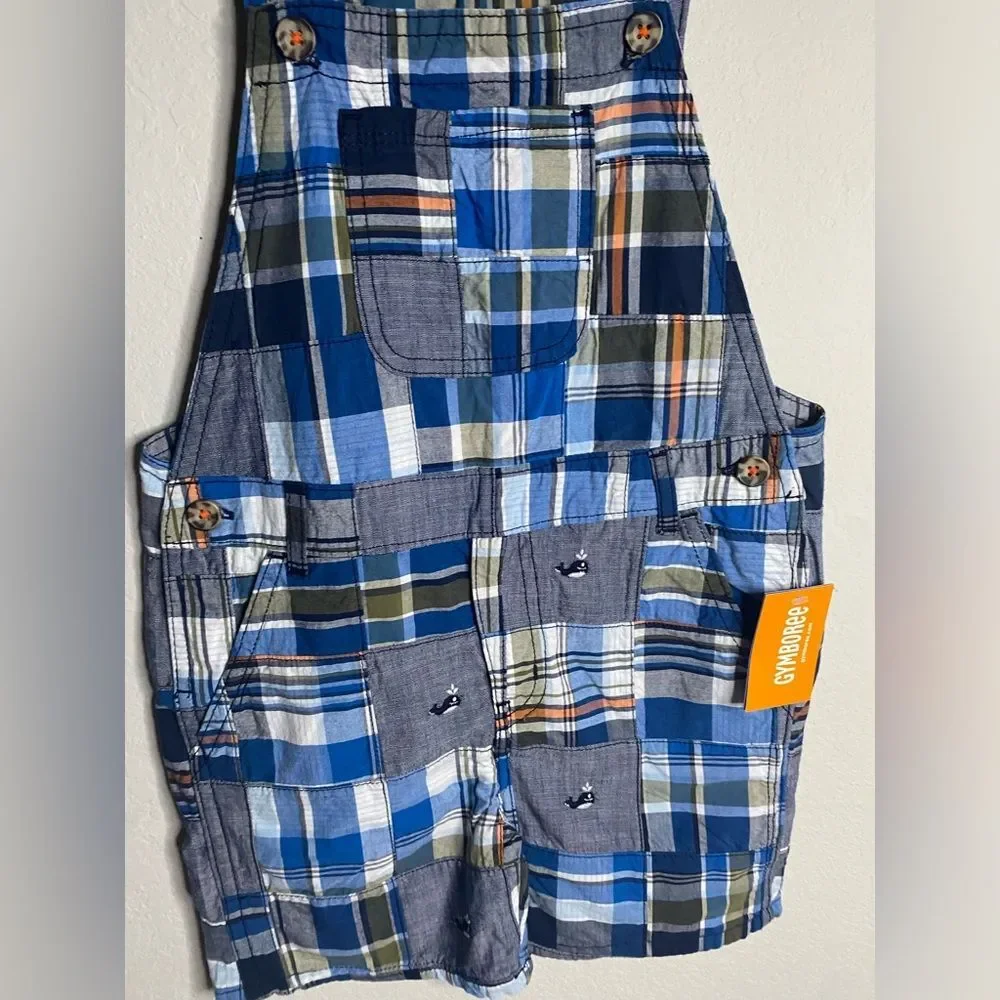 Gymboree NEW Toddler Boy Blue Plaid Patchwork Shortalls  Shorts Overalls 4T